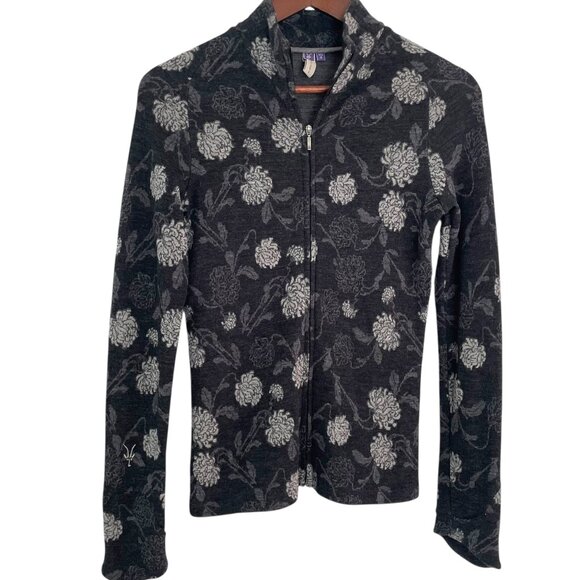 Ibex Juliet Full Zip Up Sweater Jacket Small S Gray Floral 100% Merino Wool - Picture 1 of 4